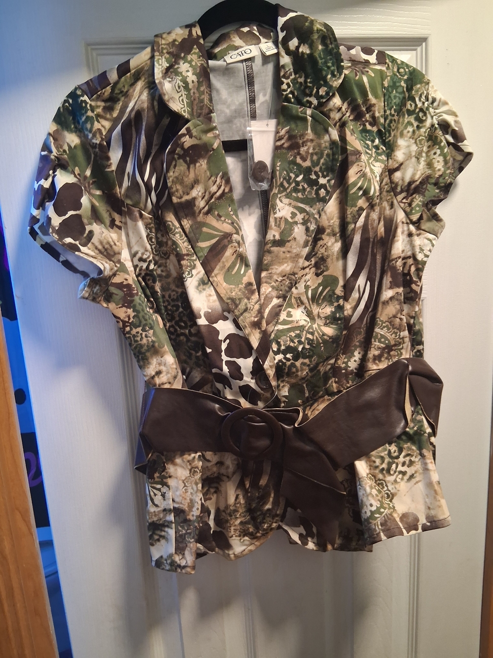 Cato Green Brown Print Wrap Blouse with Belt